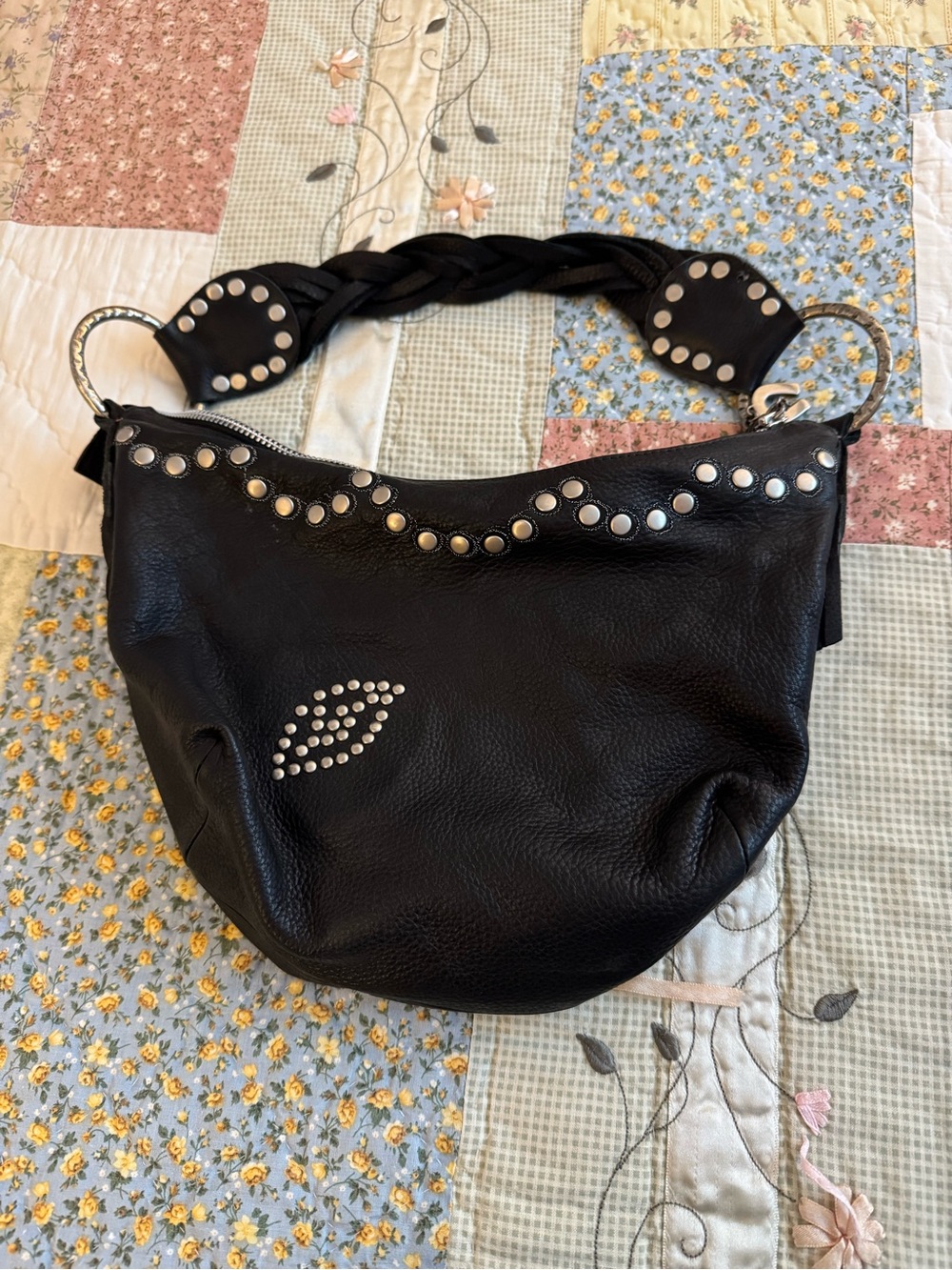 🖤 Betsey Johnson Soft Leather Black Studded Braided-Handle Shoulder Bag